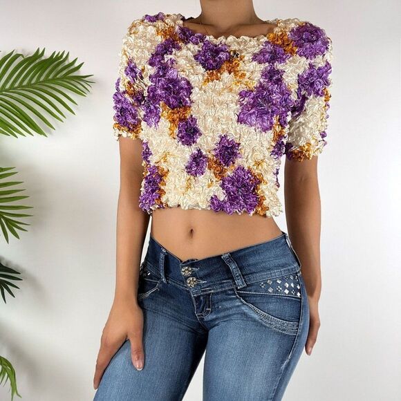 Vintage Y2K Purple & Gold Stretchy Magic Bubble Shirt Popcorn Top / One Size - Picture 3 of 5